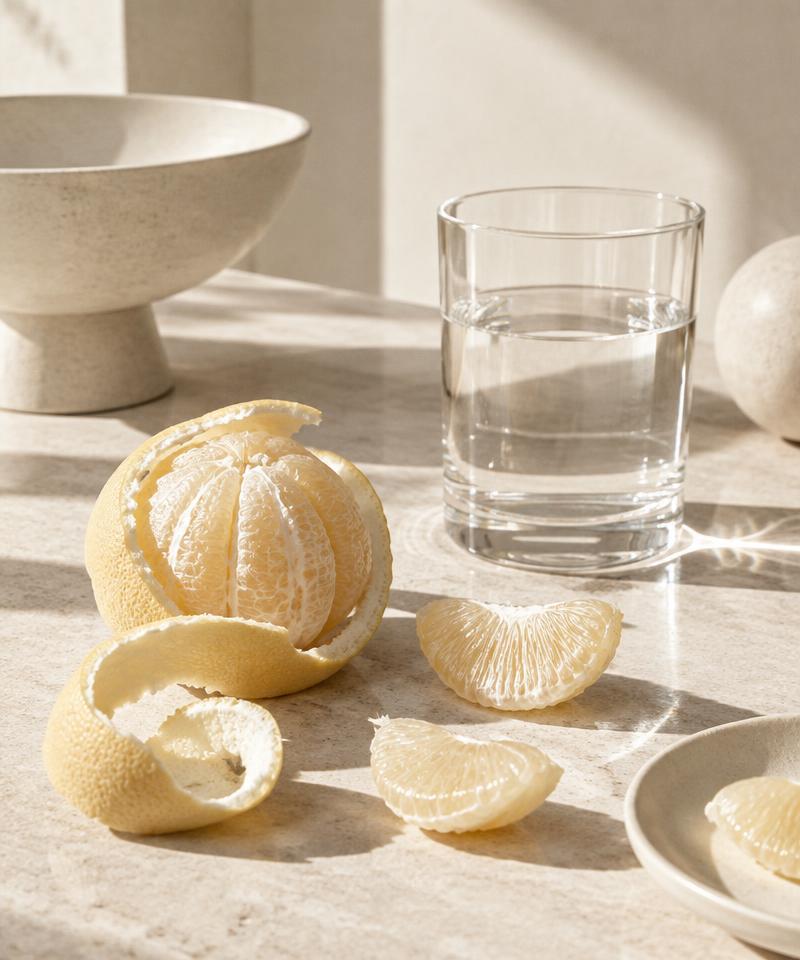 Sunlit citrus and a glass of water on stone