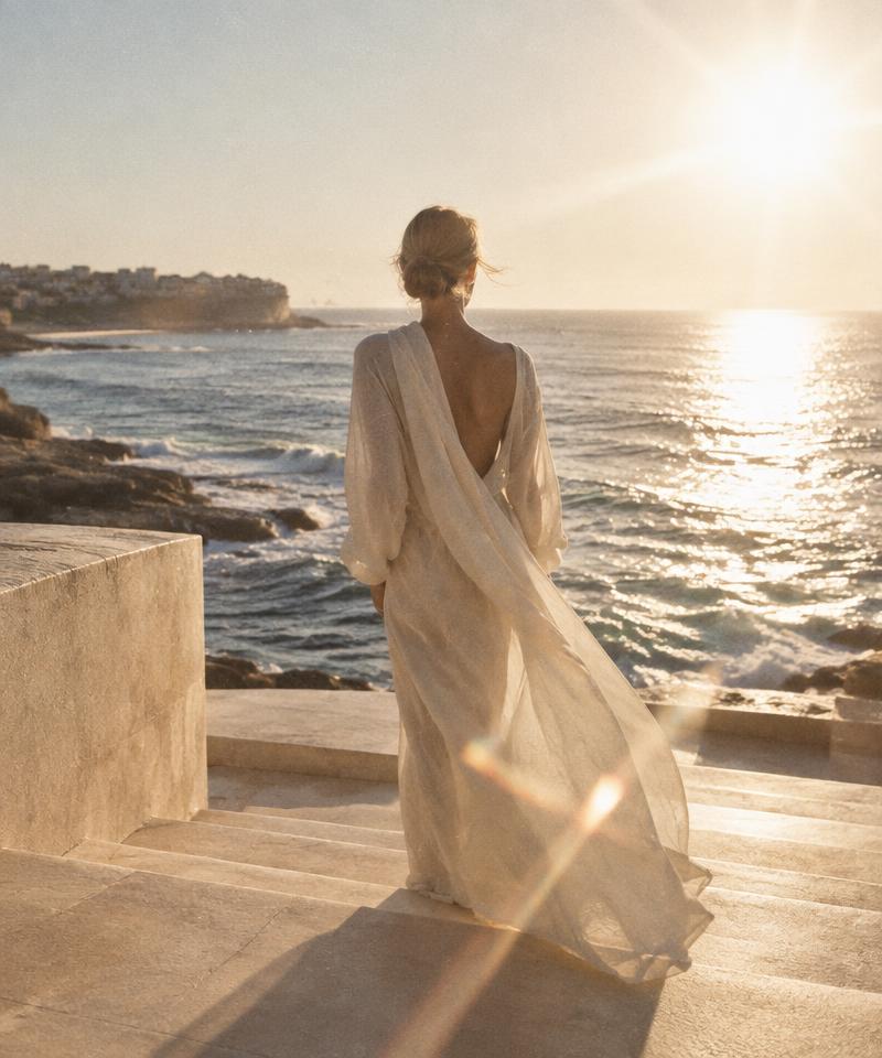 Woman in ivory linen facing the ocean