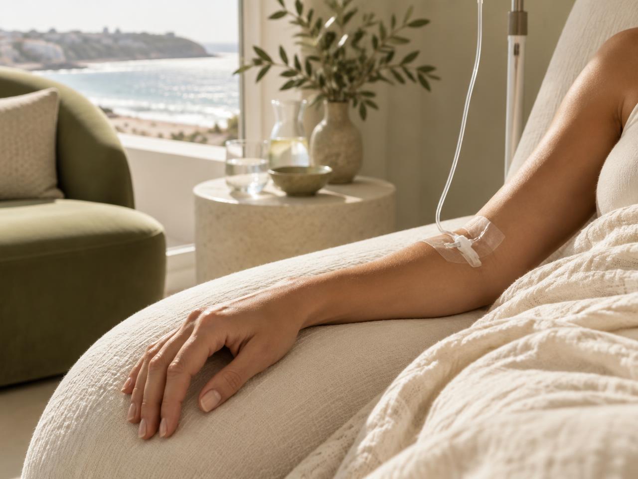 Comfortable IV infusion experience in a sunlit coastal clinic