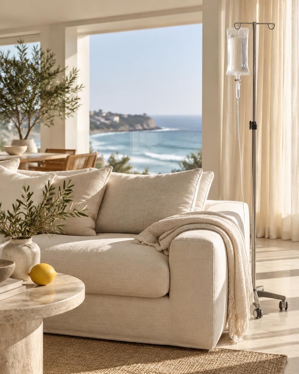 Mobile IV infusion set up in a peaceful coastal home